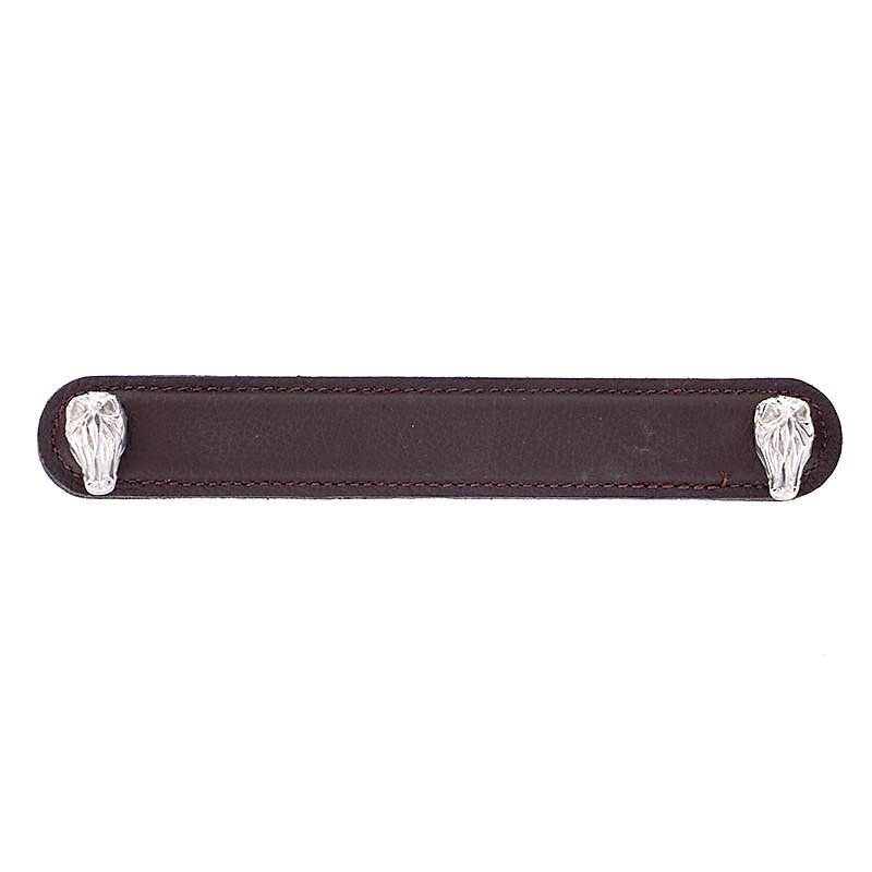 Vicenza Hardware Leather Collection 6" (152mm) Cavallo Pull in Brown Leather in Polished Nickel