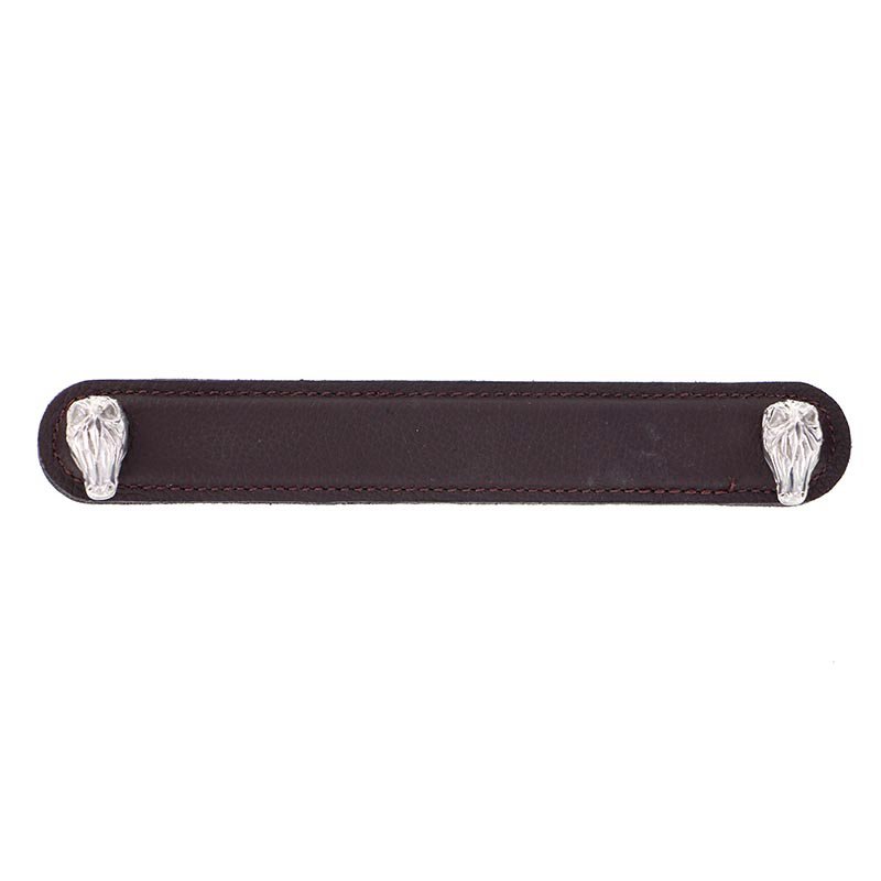 Vicenza Hardware Leather Collection 6" (152mm) Cavallo Pull in Brown Leather in Polished Silver