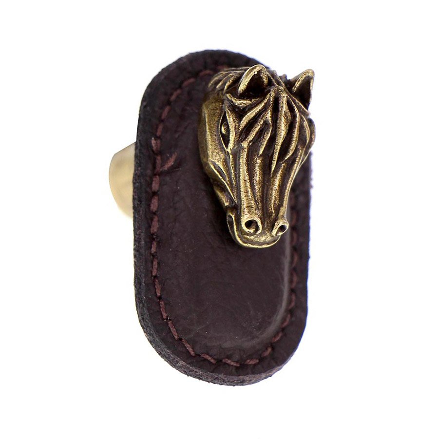 Vicenza Hardware Leather Collection Cavallo Knob in Brown Leather in Antique Brass
