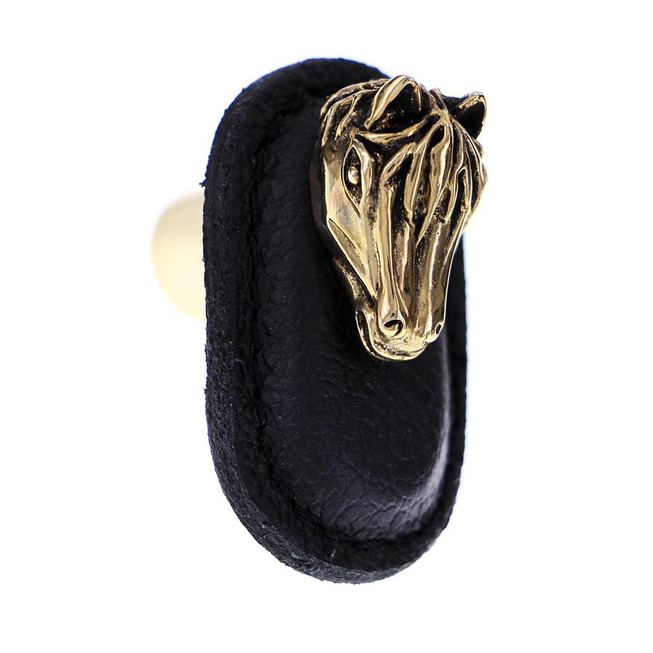 Vicenza Hardware Leather Collection Cavallo Knob in Black Leather in Antique Gold