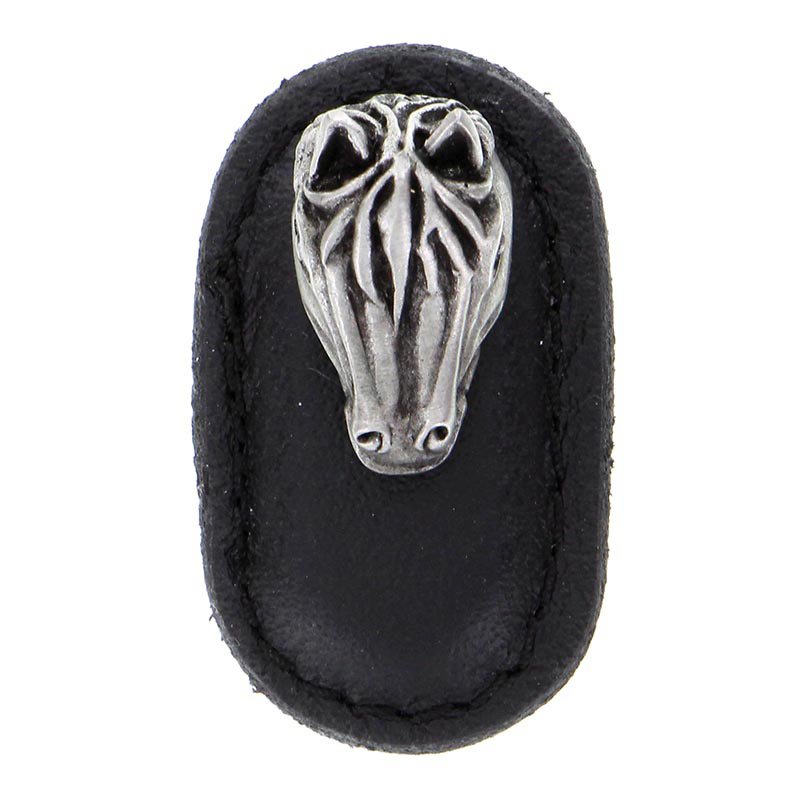 Vicenza Hardware Leather Collection Cavallo Knob in Black Leather in Antique Nickel