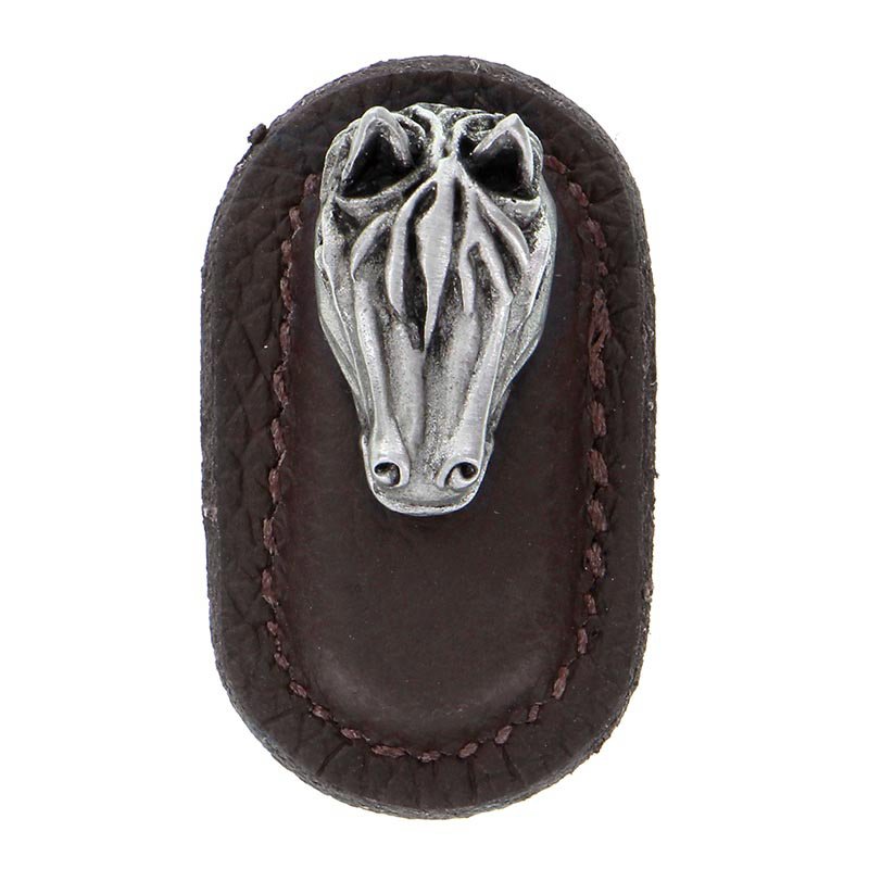 Vicenza Hardware Leather Collection Cavallo Knob in Brown Leather in Antique Nickel