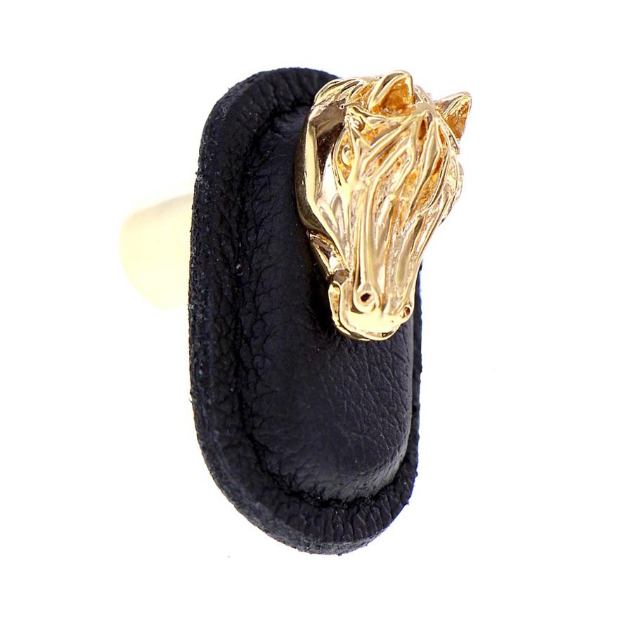 Vicenza Hardware Leather Collection Cavallo Knob in Black Leather in Polished Gold