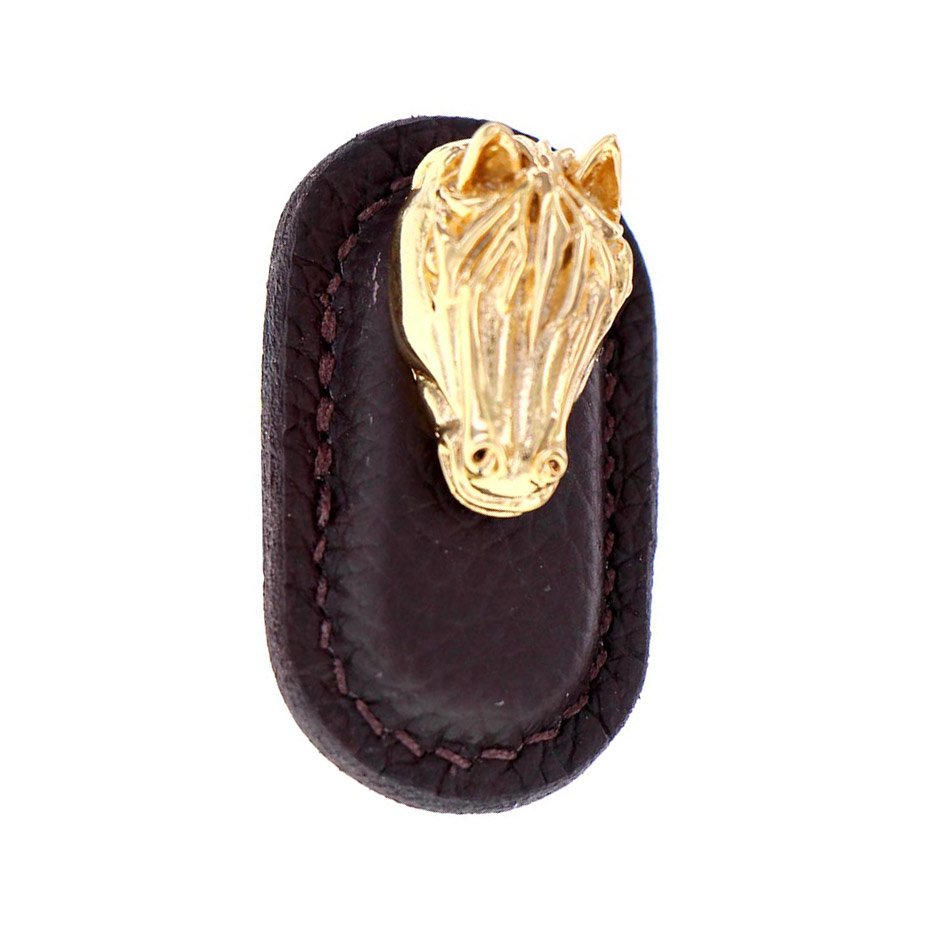 Vicenza Hardware Leather Collection Cavallo Knob in Brown Leather in Polished Gold