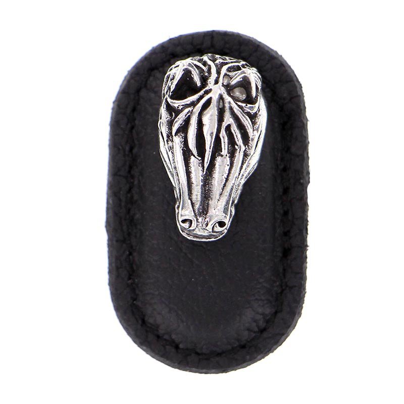 Vicenza Hardware Leather Collection Cavallo Knob in Black Leather in Vintage Pewter