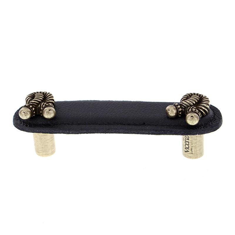 Vicenza Hardware Leather Collection 3" (76mm) Bonata Pull in Black Leather in Antique Brass