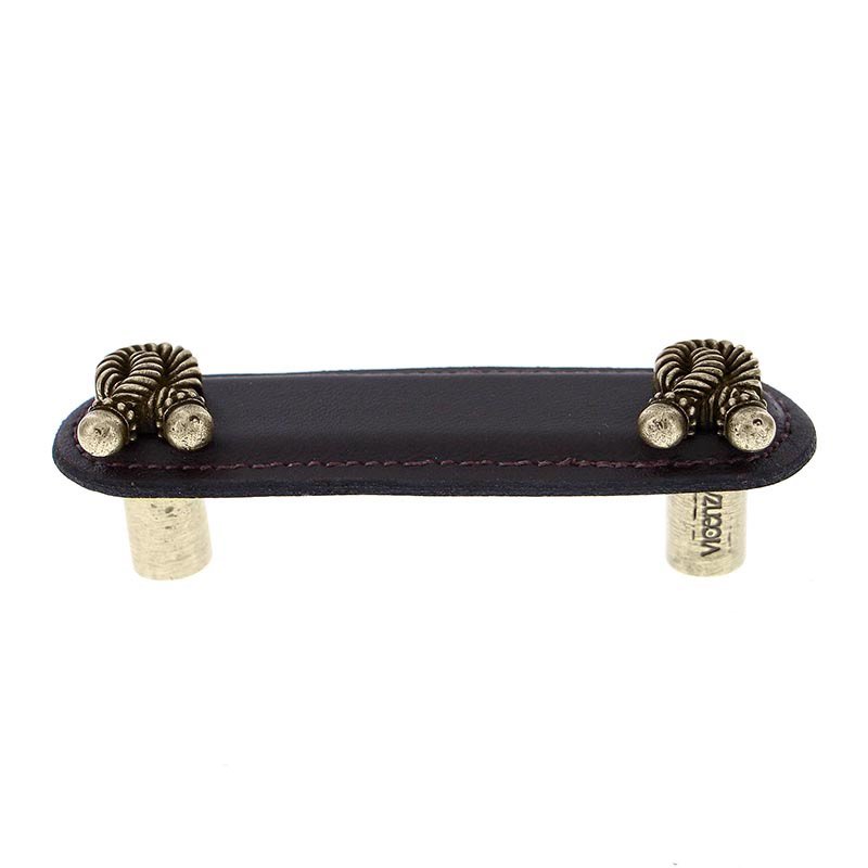 Vicenza Hardware Leather Collection 3" (76mm) Bonata Pull in Brown Leather in Antique Brass