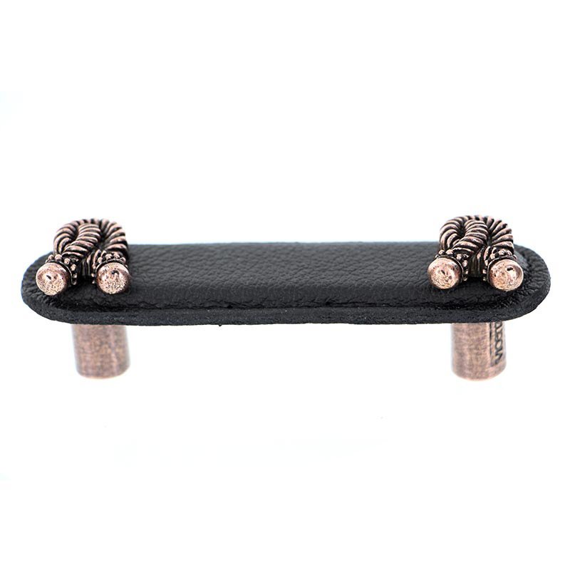 Vicenza Hardware Leather Collection 3" (76mm) Bonata Pull in Black Leather in Antique Copper