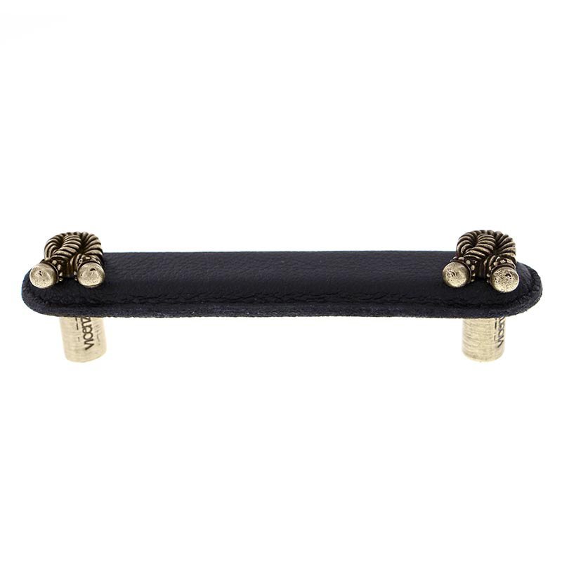 Vicenza Hardware Leather Collection 4" (102mm) Bonata Pull in Black Leather in Antique Brass