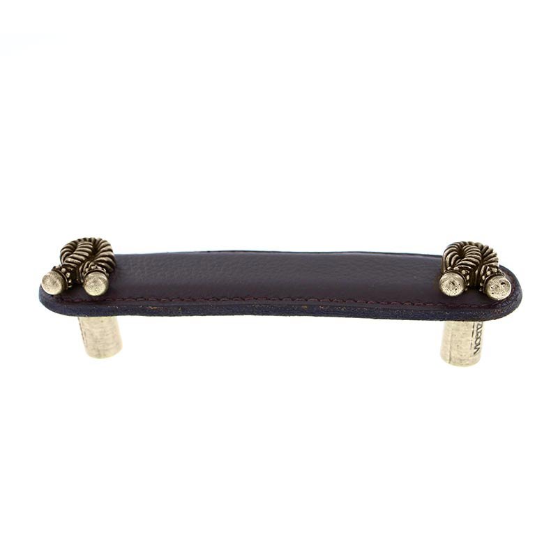 Vicenza Hardware Leather Collection 4" (102mm) Bonata Pull in Brown Leather in Antique Brass