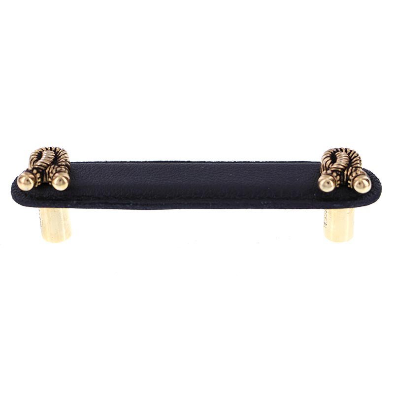 Vicenza Hardware Leather Collection 4" (102mm) Bonata Pull in Black Leather in Antique Gold