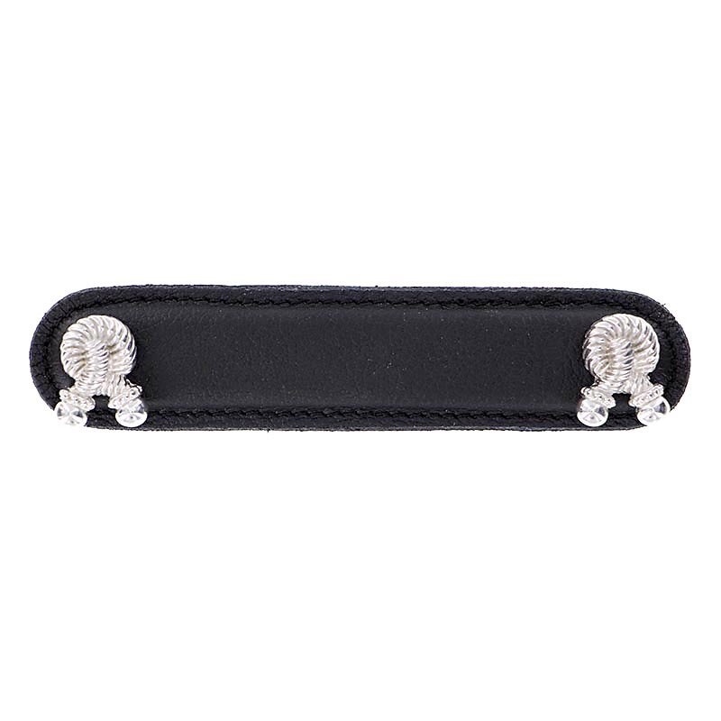 Vicenza Hardware Leather Collection 4" (102mm) Bonata Pull in Black Leather in Polished Nickel