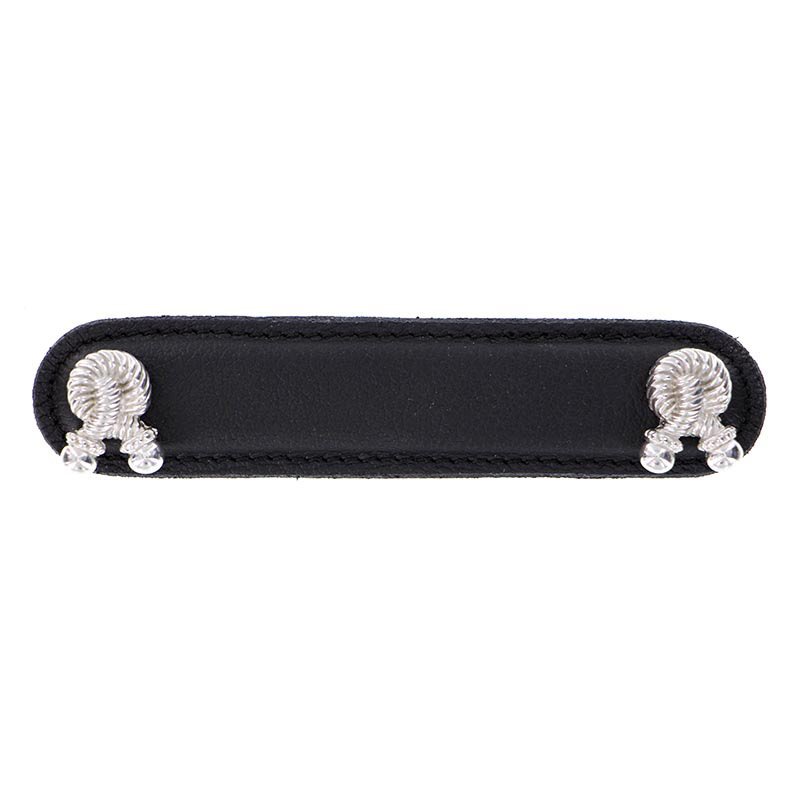 Vicenza Hardware Leather Collection 4" (102mm) Bonata Pull in Black Leather in Polished Silver