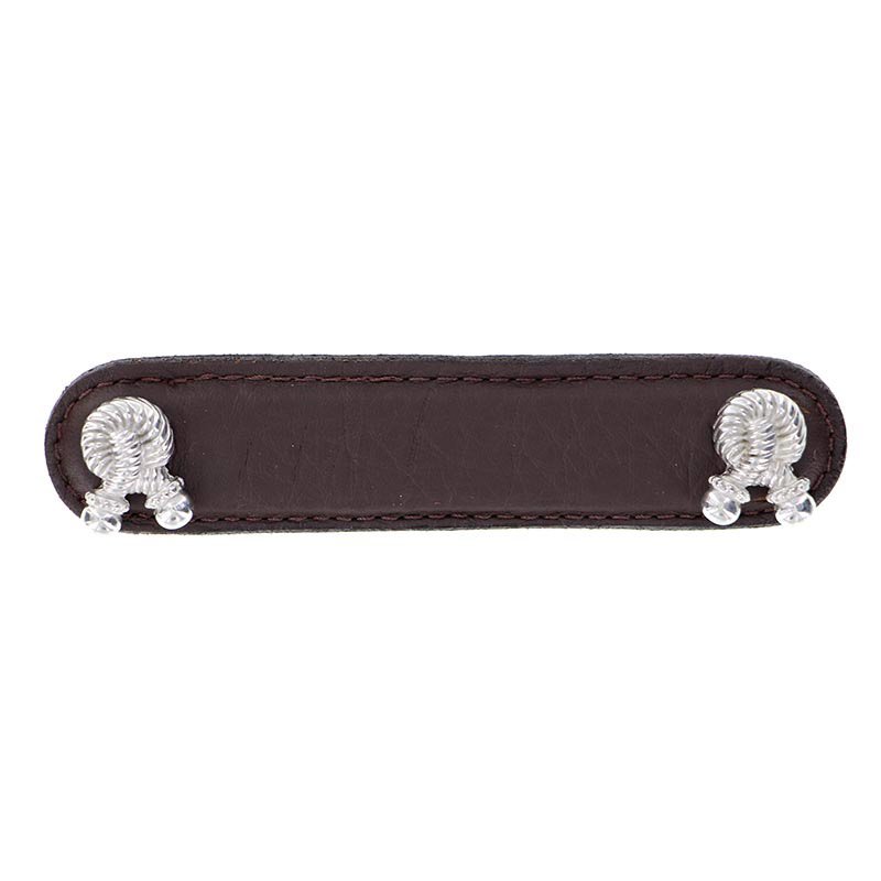 Vicenza Hardware Leather Collection 4" (102mm) Bonata Pull in Brown Leather in Polished Silver