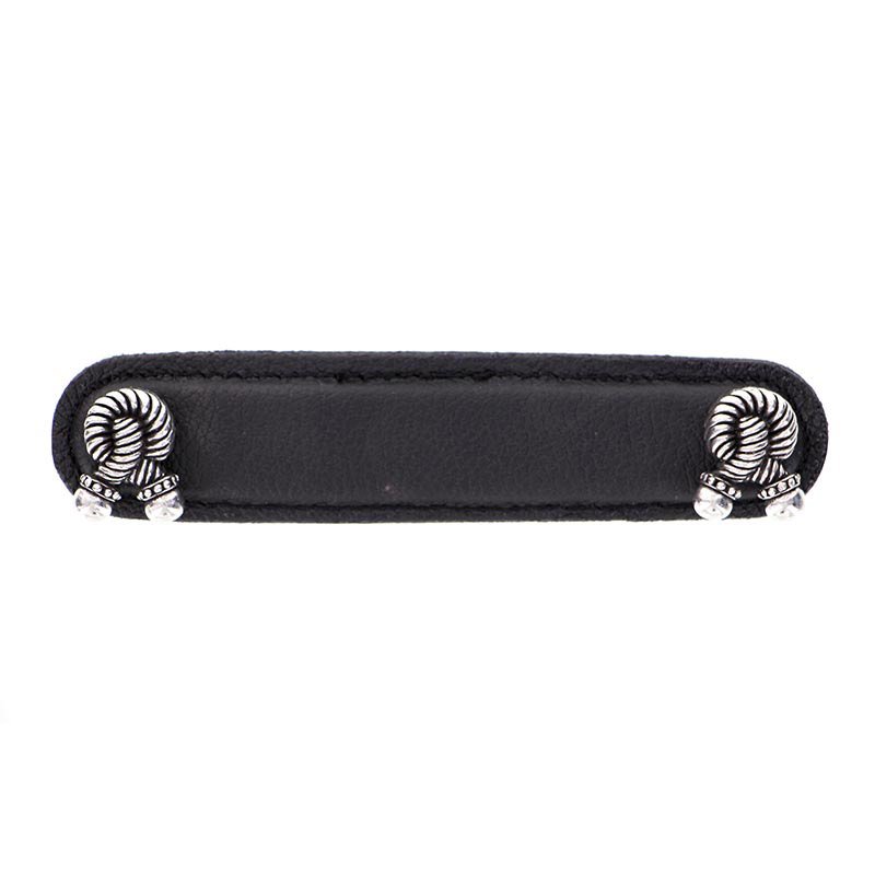 Vicenza Hardware Leather Collection 4" (102mm) Bonata Pull in Black Leather in Vintage Pewter