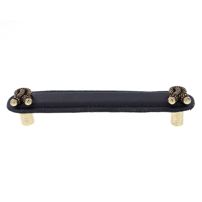 Vicenza Hardware Leather Collection 5" (128mm) Bonata Pull in Black Leather in Antique Brass