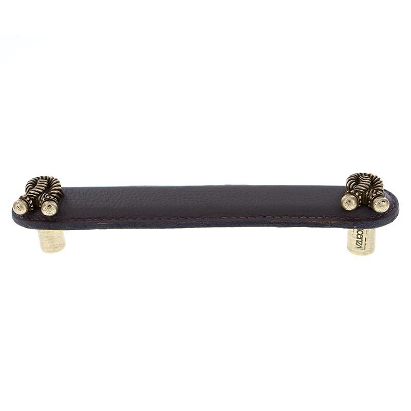 Vicenza Hardware Leather Collection 5" (128mm) Bonata Pull in Brown Leather in Antique Brass
