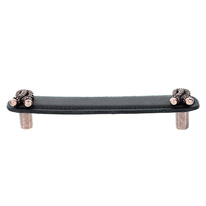 Vicenza Hardware Leather Collection 5" (128mm) Bonata Pull in Black Leather in Antique Copper