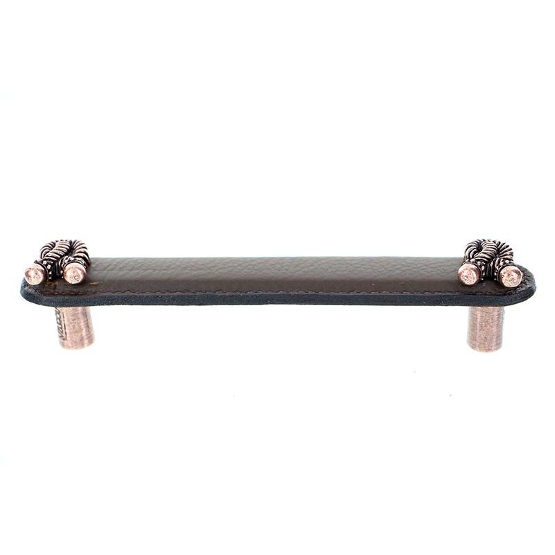 Vicenza Hardware Leather Collection 5" (128mm) Bonata Pull in Brown Leather in Antique Copper