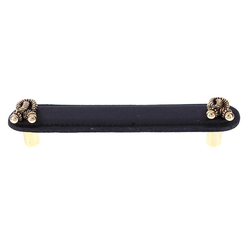 Vicenza Hardware Leather Collection 5" (128mm) Bonata Pull in Black Leather in Antique Gold