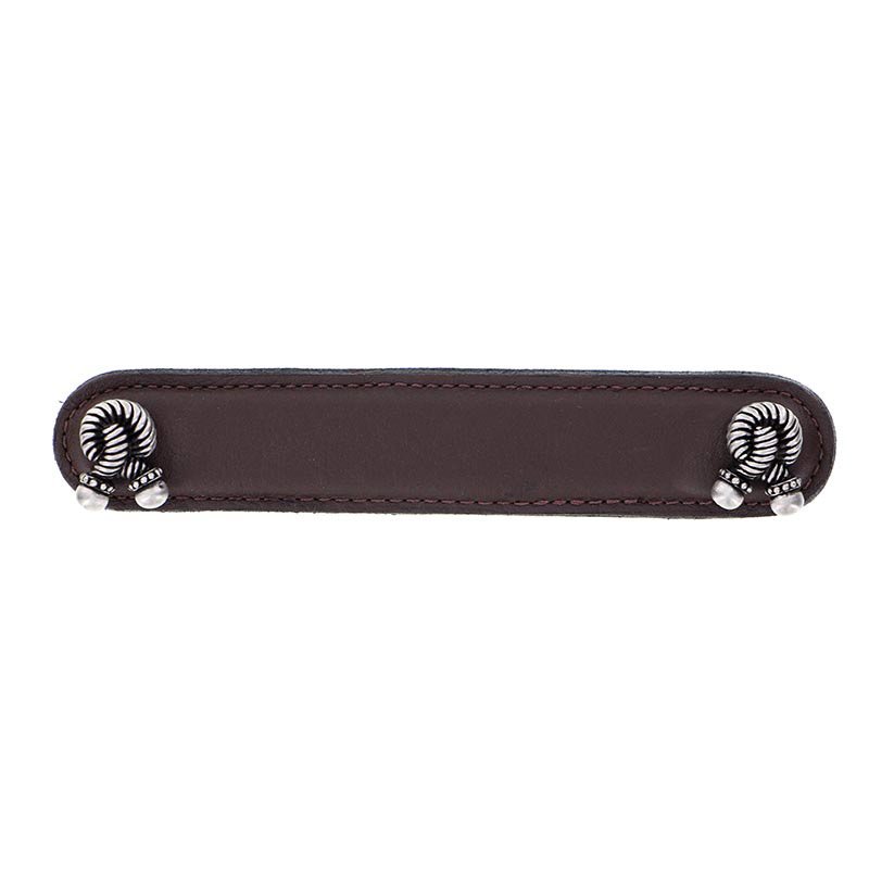 Vicenza Hardware Leather Collection 5" (128mm) Bonata Pull in Brown Leather in Antique Nickel