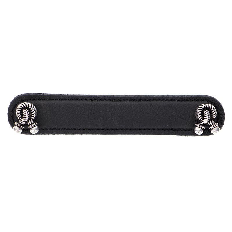 Vicenza Hardware Leather Collection 5" (128mm) Bonata Pull in Black Leather in Antique Silver