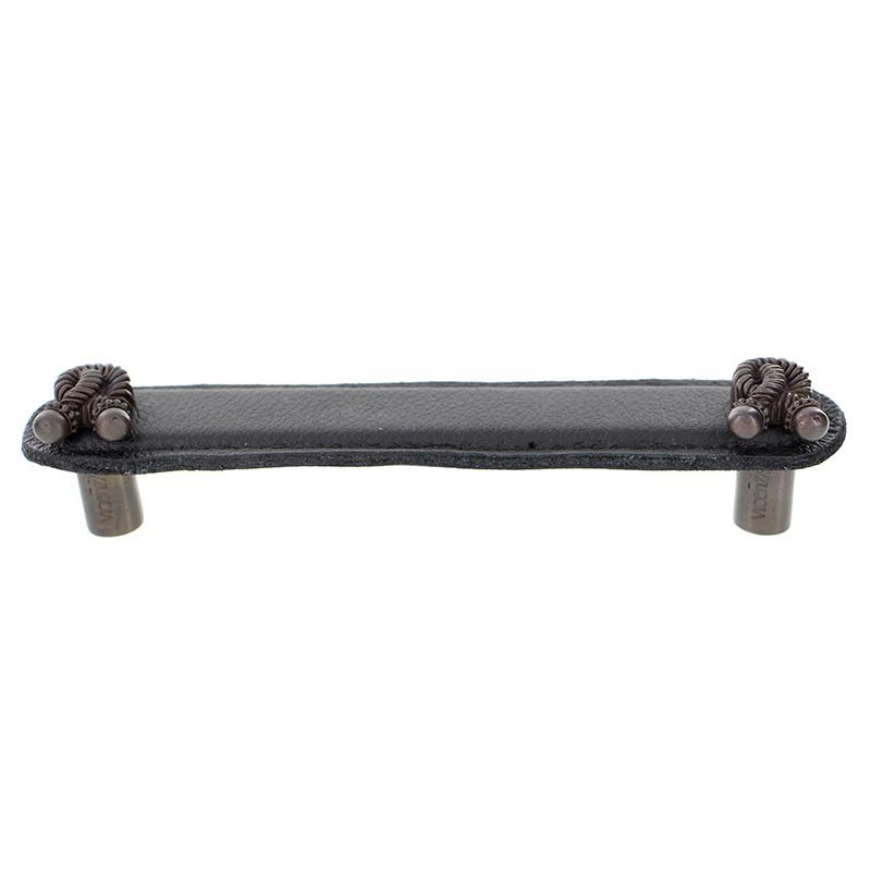 Vicenza Hardware Leather Collection 5" (128mm) Bonata Pull in Black Leather in Oil Rubbed Bronze