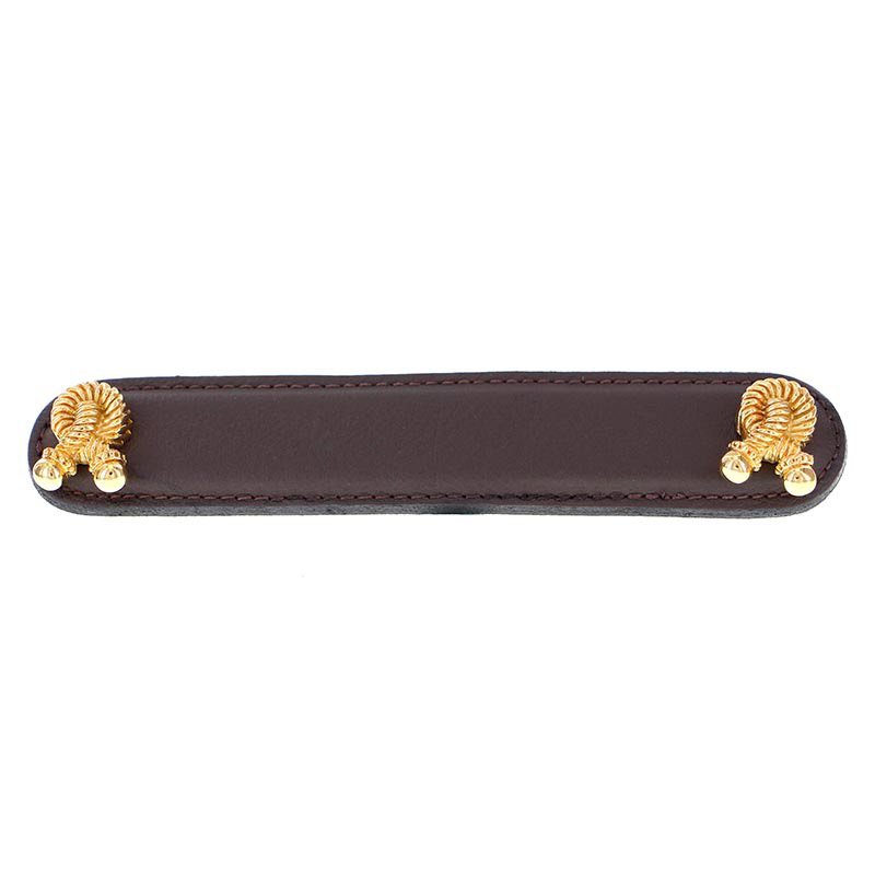 Vicenza Hardware Leather Collection 5" (128mm) Bonata Pull in Brown Leather in Polished Gold