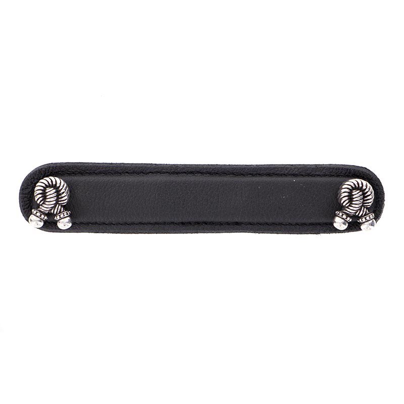 Vicenza Hardware Leather Collection 5" (128mm) Bonata Pull in Black Leather in Vintage Pewter