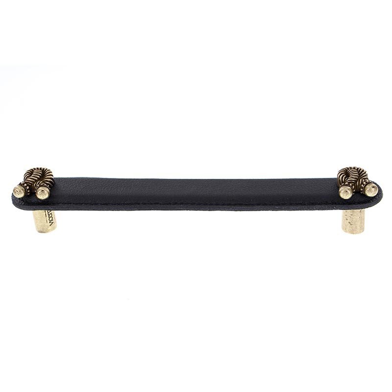 Vicenza Hardware Leather Collection 6" (152mm) Bonata Pull in Black Leather in Antique Brass