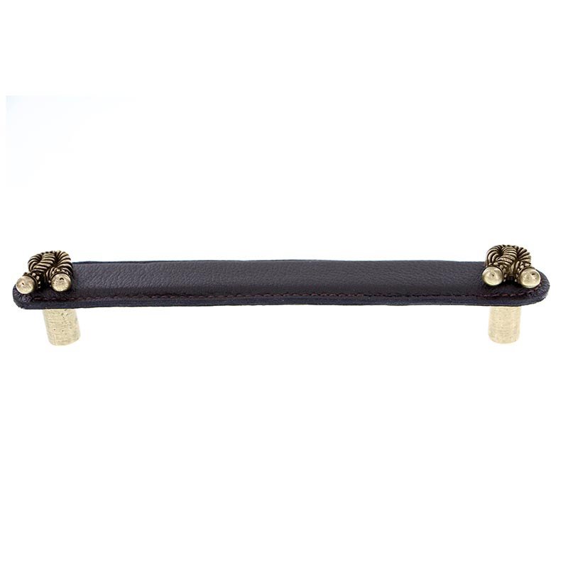 Vicenza Hardware Leather Collection 6" (152mm) Bonata Pull in Brown Leather in Antique Brass