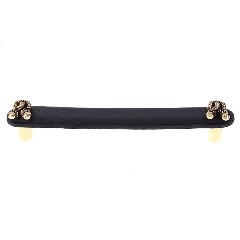 Vicenza Hardware Leather Collection 6" (152mm) Bonata Pull in Black Leather in Antique Gold