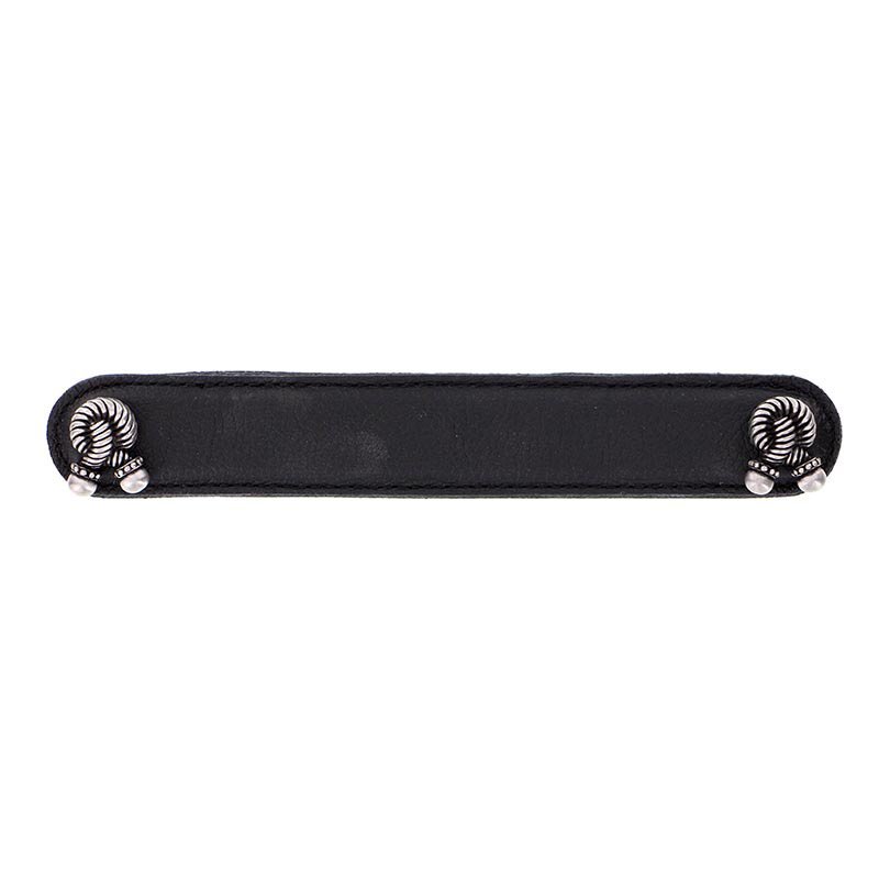 Vicenza Hardware Leather Collection 6" (152mm) Bonata Pull in Black Leather in Antique Nickel