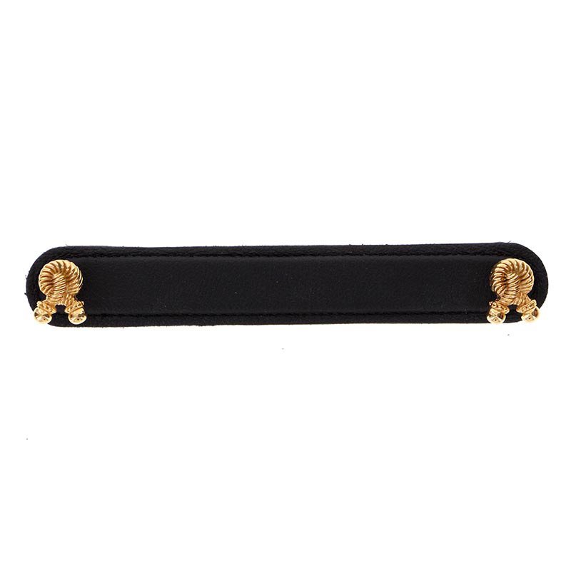 Vicenza Hardware Leather Collection 6" (152mm) Bonata Pull in Black Leather in Polished Gold