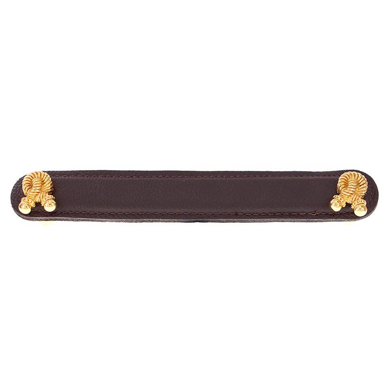 Vicenza Hardware Leather Collection 6" (152mm) Bonata Pull in Brown Leather in Polished Gold