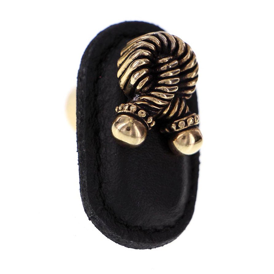 Vicenza Hardware Leather Collection Bonata Knob in Black Leather in Antique Gold