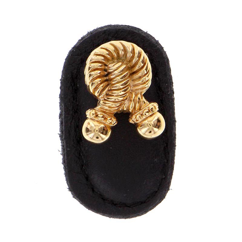 Vicenza Hardware Leather Collection Bonata Knob in Black Leather in Polished Gold