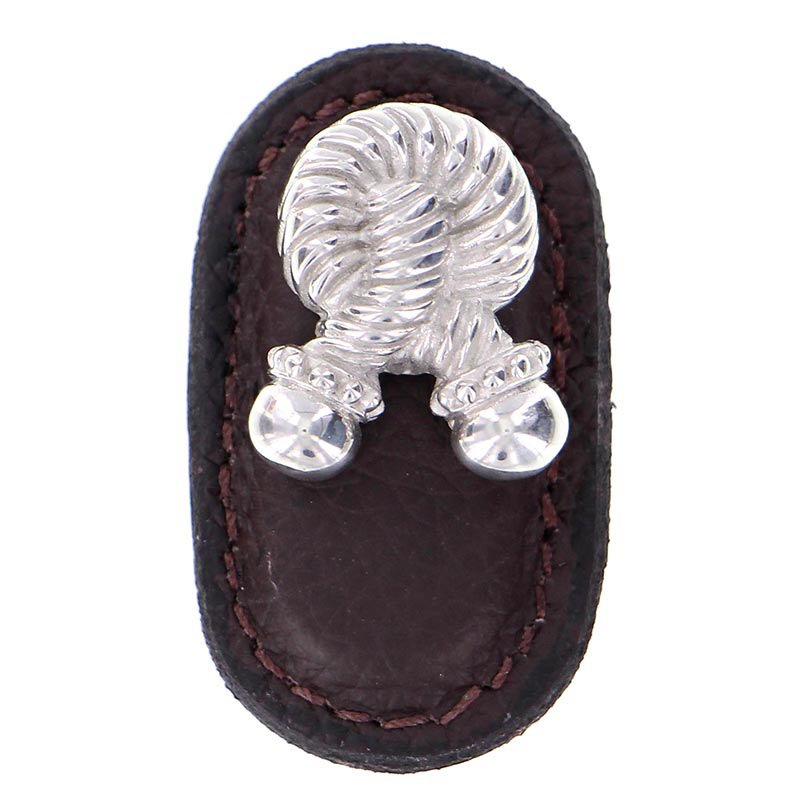 Vicenza Hardware Leather Collection Bonata Knob in Brown Leather in Polished Silver