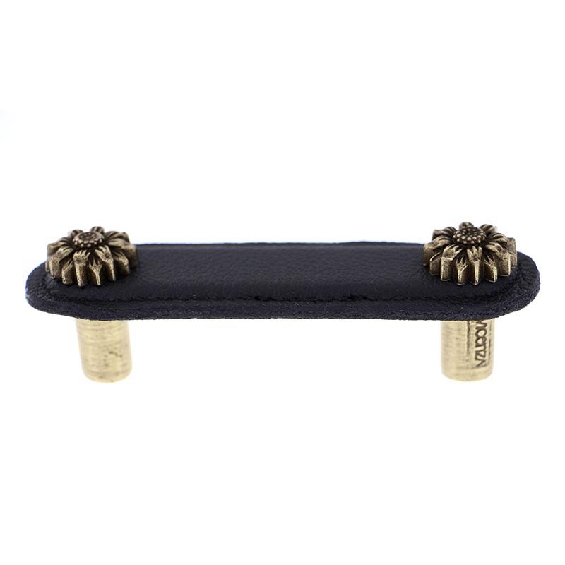 Vicenza Hardware Leather Collection 3" (76mm) Margherita Pull in Black Leather in Antique Brass