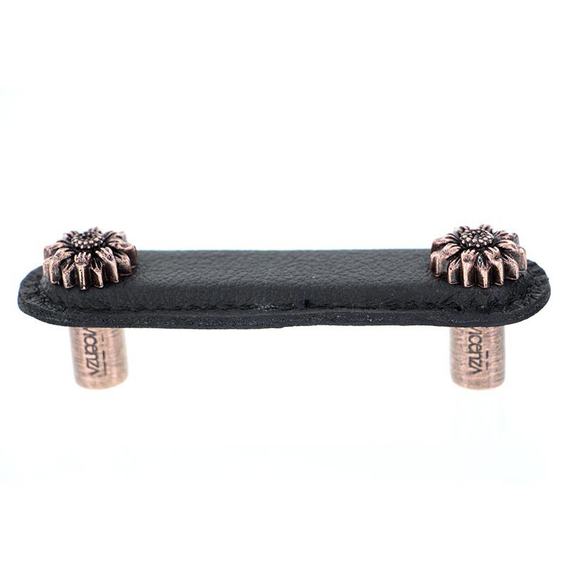 Vicenza Hardware Leather Collection 3" (76mm) Margherita Pull in Black Leather in Antique Copper