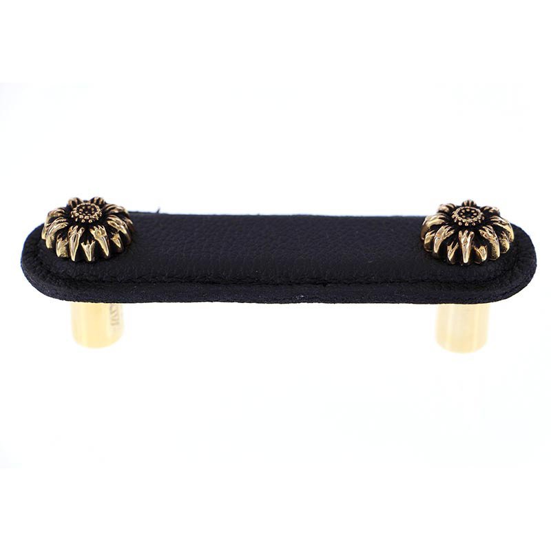 Vicenza Hardware Leather Collection 3" (76mm) Margherita Pull in Black Leather in Antique Gold