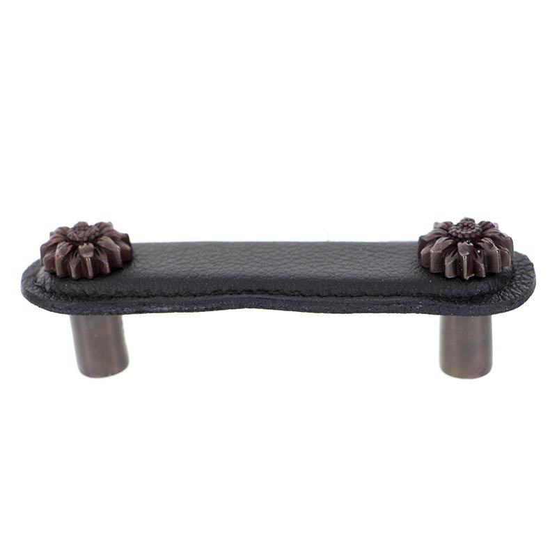 Vicenza Hardware Leather Collection 3" (76mm) Margherita Pull in Black Leather in Oil Rubbed Bronze