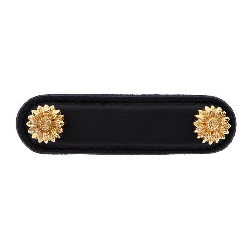 Vicenza Hardware Leather Collection 3" (76mm) Margherita Pull in Black Leather in Polished Gold