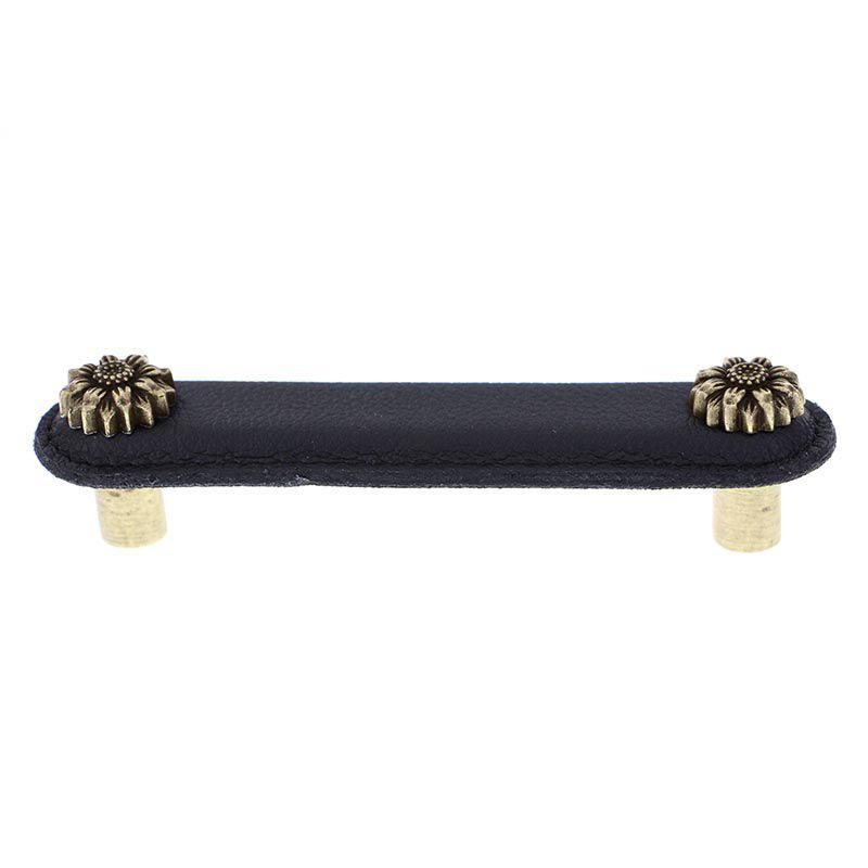 Vicenza Hardware Leather Collection 4" (102mm) Margherita Pull in Black Leather in Antique Brass