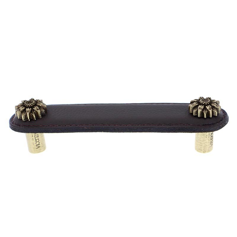 Vicenza Hardware Leather Collection 4" (102mm) Margherita Pull in Brown Leather in Antique Brass