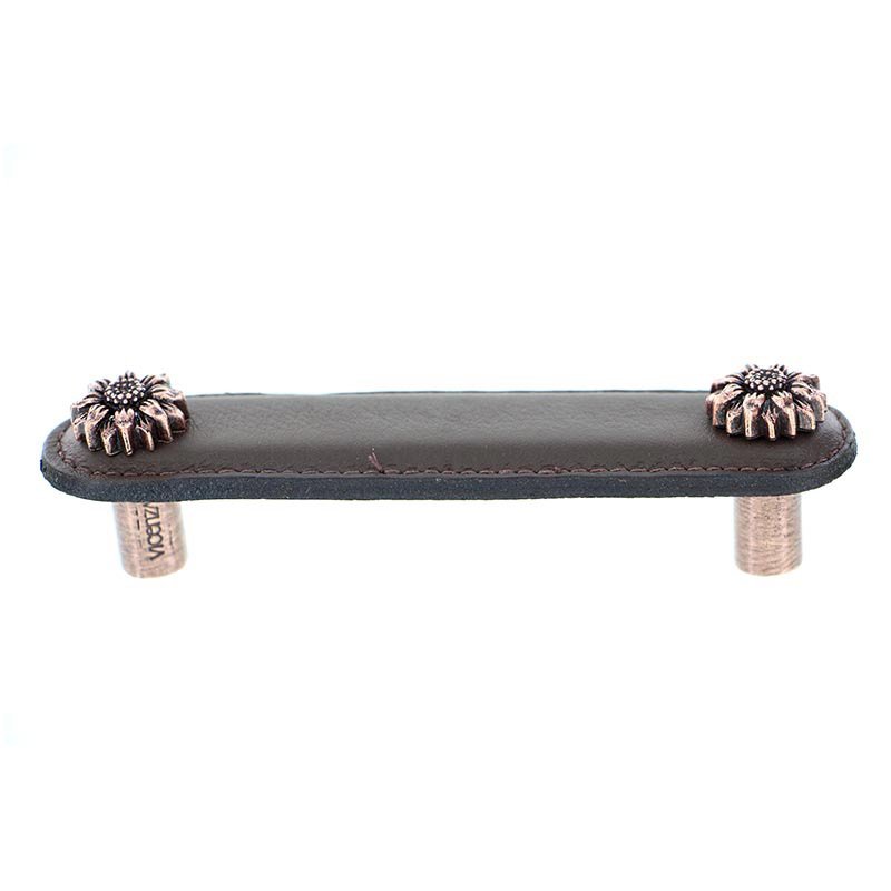 Vicenza Hardware Leather Collection 4" (102mm) Margherita Pull in Brown Leather in Antique Copper