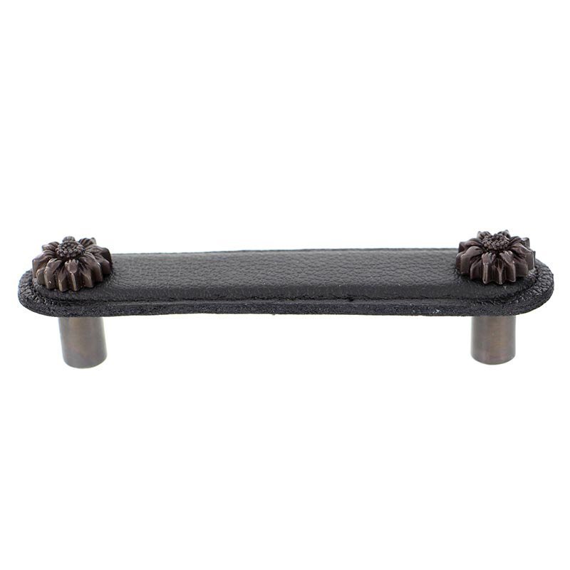 Vicenza Hardware Leather Collection 4" (102mm) Margherita Pull in Black Leather in Oil Rubbed Bronze