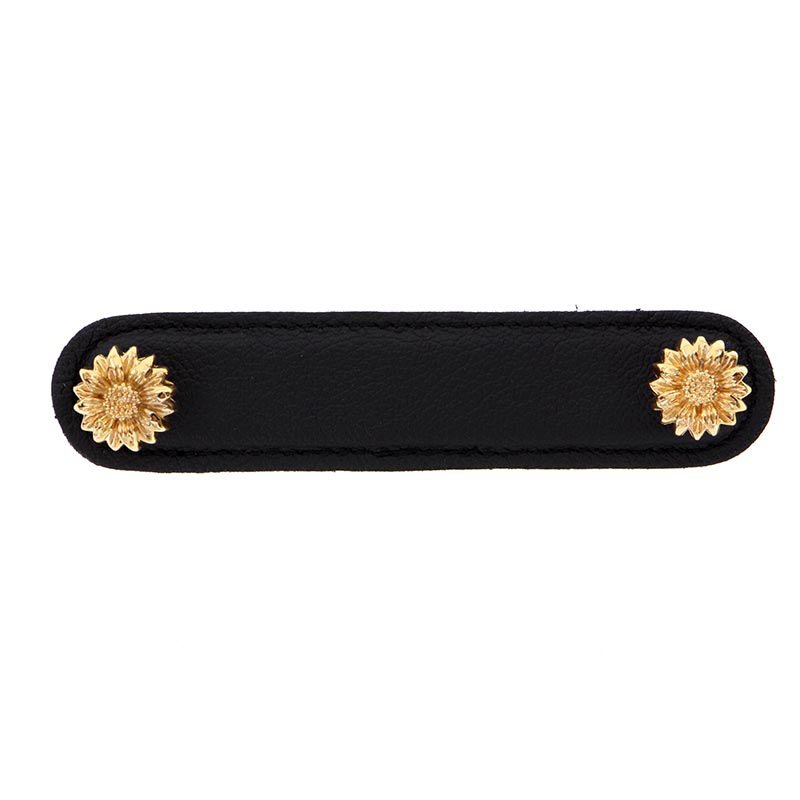 Vicenza Hardware Leather Collection 4" (102mm) Margherita Pull in Black Leather in Polished Gold