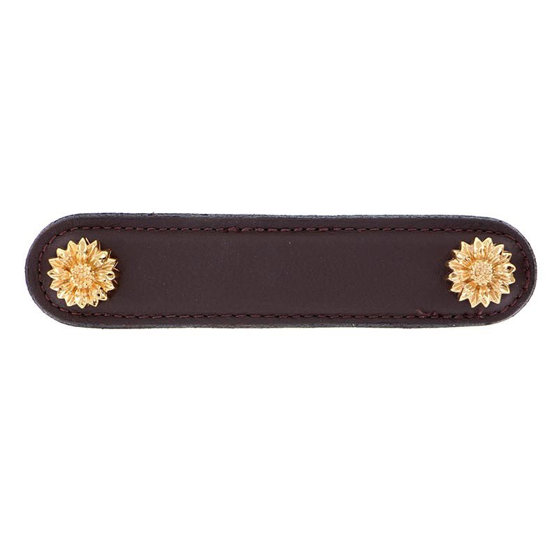 Vicenza Hardware Leather Collection 4" (102mm) Margherita Pull in Brown Leather in Polished Gold