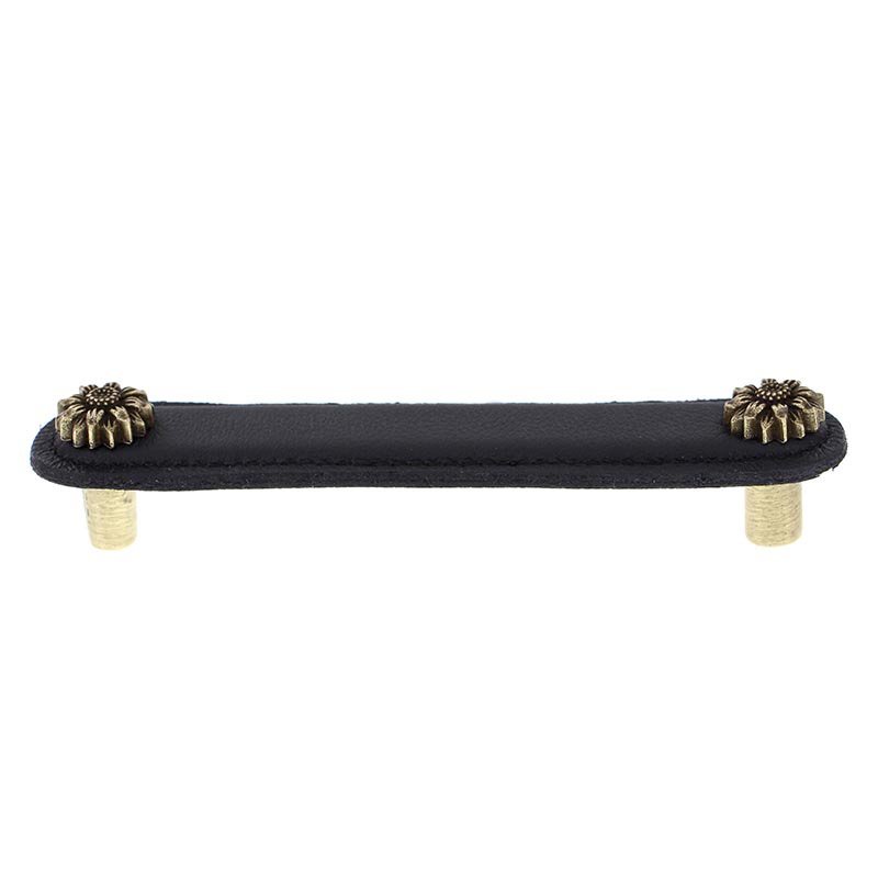 Vicenza Hardware Leather Collection 5" (128mm) Margherita Pull in Black Leather in Antique Brass